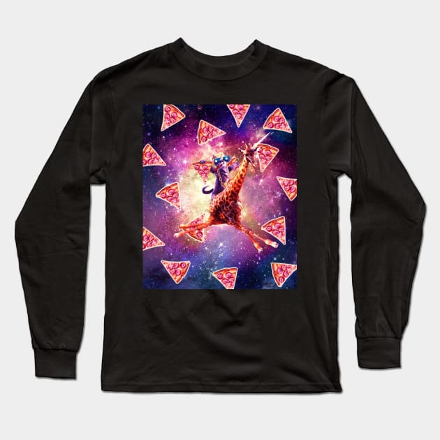 Thug Space Cat On Giraffe Unicorn - Pizza Long Sleeve T-Shirt by Random Galaxy